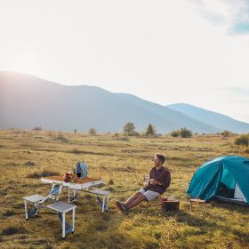 136*85.5*67cm 50kg Aluminum Alloy Table And Chair One Piece Camping One Piece Table And Chair Wood Grain Color (Color: As Shown)