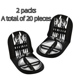 two set of 10 portable stainless steel tableware, suitable for hotels/restaurants/gatherings, hiking, and camping adventures. There are plates, forks, (colour: black)